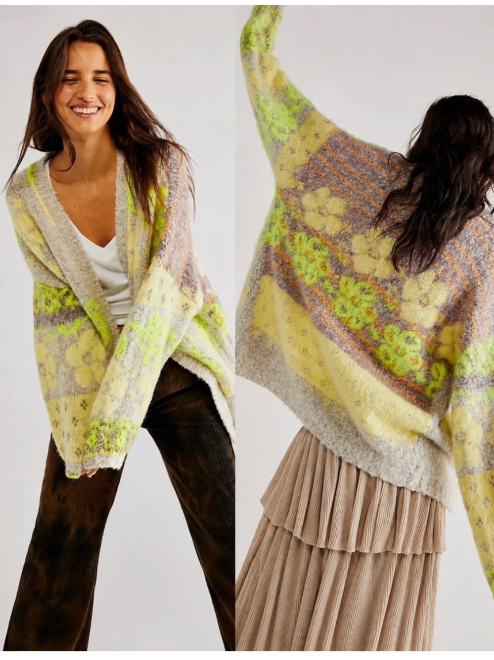 Free People Floral Mohair-Blend Cardigan in Yellow, Gray & Lime